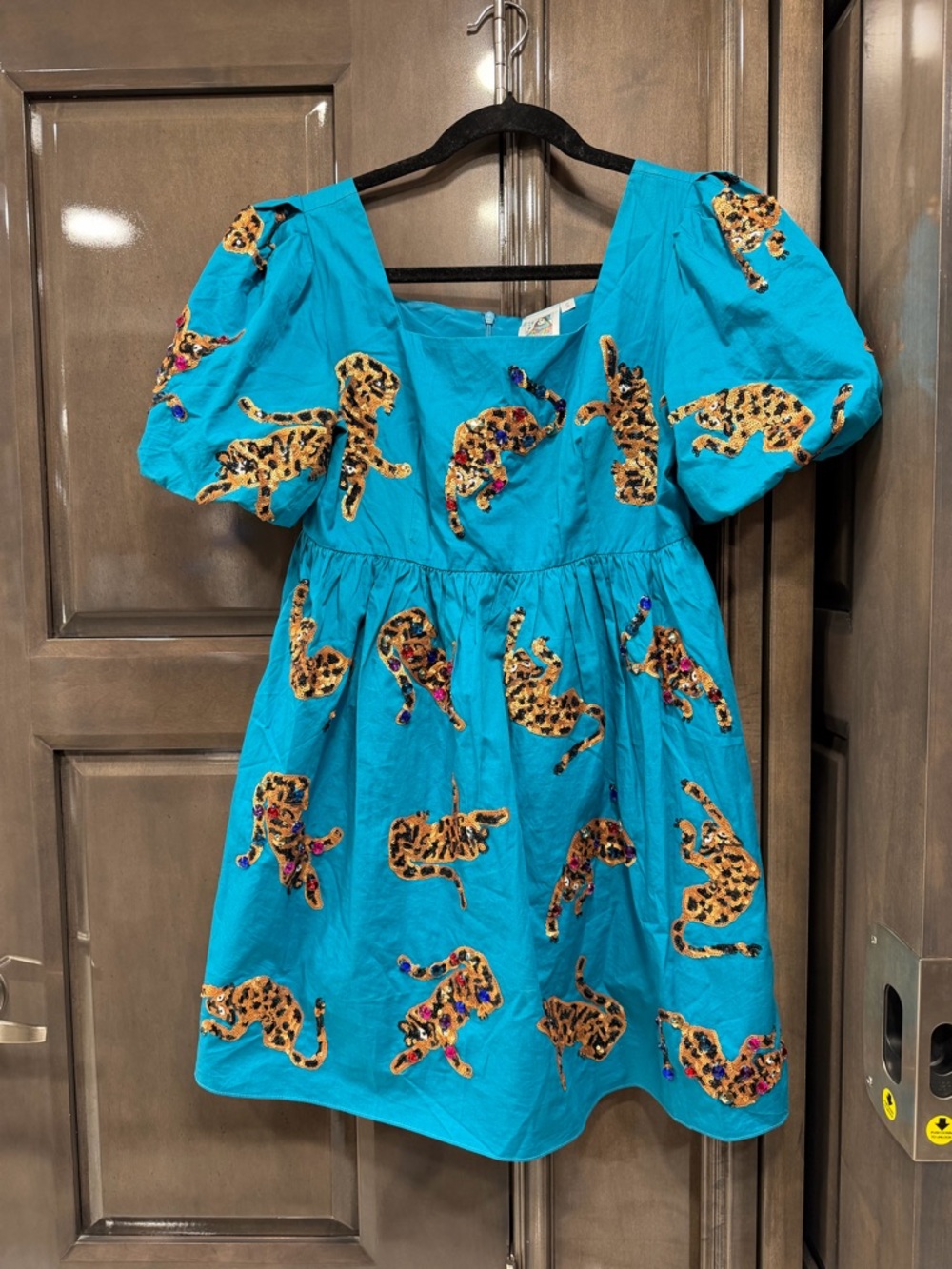 QUEEN OF SPARKLES Turquoise Mini Dress with Leopard Appliqués